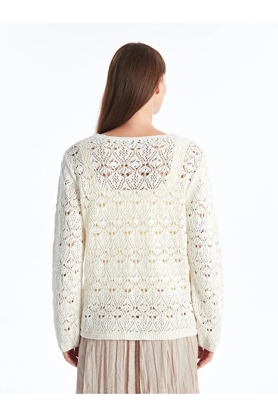 LC Waikiki LCWAIKIKI Basic Ekru Bisiklet Yaka Ajurlu Uzun Kollu Kadın Triko Kazak