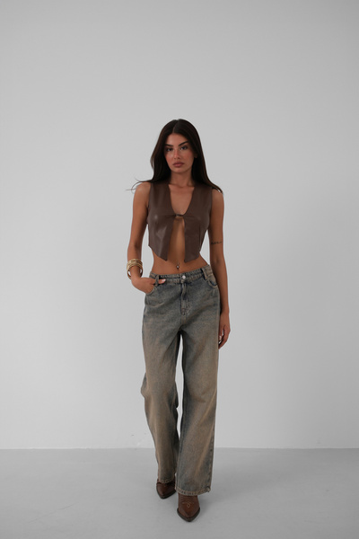 Black Fashion Brown Leather Crop Vest