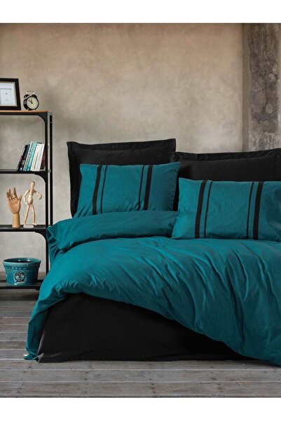 Cotton Box Plain Double Duvet Cover Set Bihter Petrol Black