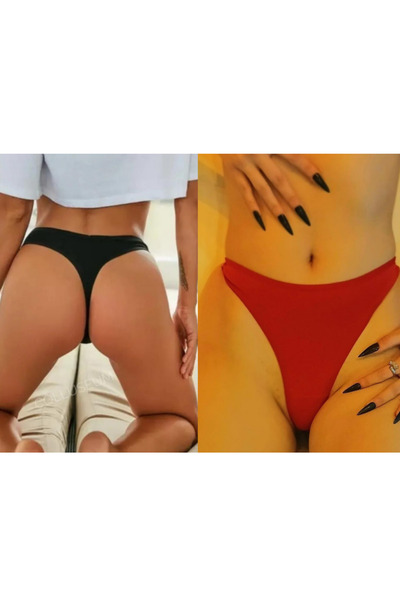 ŞAHANE İÇ GİYİM Emsay Store Original 4'Lü 2 Black 2 Red Women's Brazilian Panties String Set – Thong
