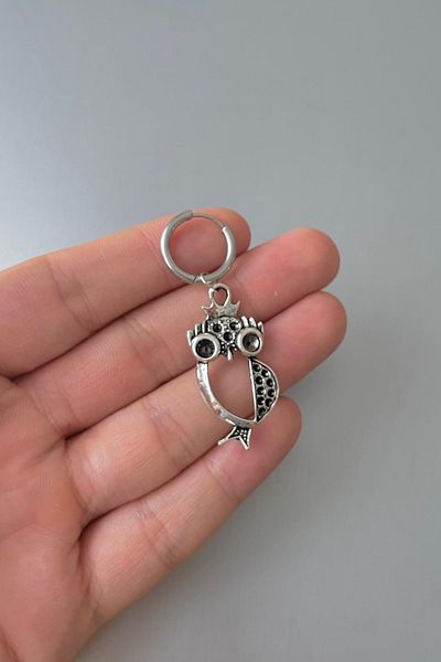 Jaida Moda Unisex Silver Owl Figured Steel Hoop Earrings
