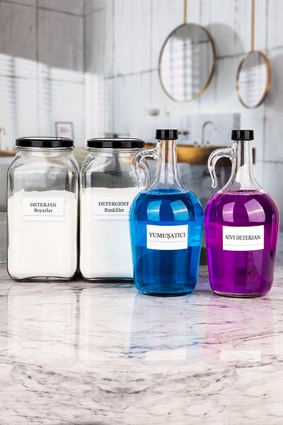 Karçiçeği Home 4-Piece Bathroom Set Glass Liquid Detergent Softener 1.5 Lt Detergent Whites Colored Jar 3 Lt