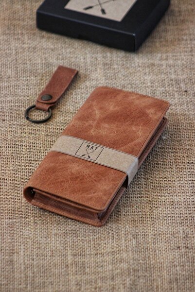 MAT CRAFT Hakiki Deri Telefon Bölmeli Uzun Cüzdan / El Bantlı / Anahtarlık He...