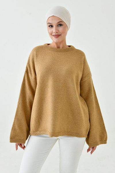 WOMAN VISION Women's Off Shoulder Spanish Sleeve Crew Neck Long Sleeve Camel Oversize Knitwear Hijab Sweater 4091