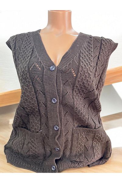 EM&FA TEKSTİL Thick Knitted Houndstooth Model Pocket Knitwear Mother Vest