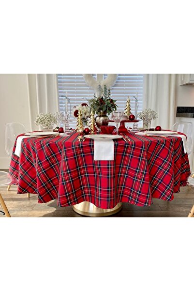 Zeren Home Yılbaşı Kırmızı Ekose Yuvarlak Masa Örtüsü 150 Cm