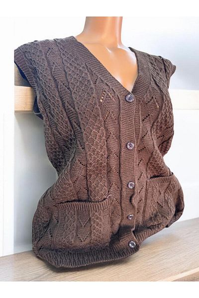 EM&FA TEKSTİL Thick Knitted Houndstooth Model Pocket Knitwear Mother Vest