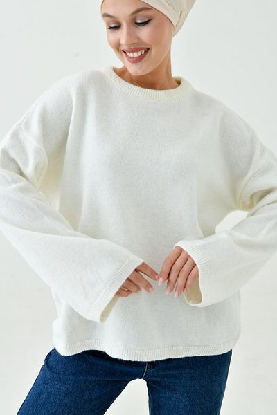 WOMAN VISION Women's Off Shoulder Spanish Sleeve Crew Neck Long Sleeve Ecru Oversize Knitwear Hijab Sweater 4091