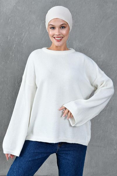 bayansepeti Wide Sleeve Off Shoulder Crew Neck Long Sleeve Ecru Oversize Knitwear Hijab Sweater 4091