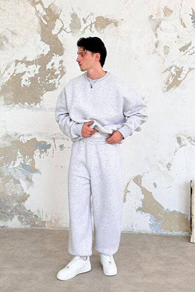 HAFKAGİYİM Gray Melange Cozy Basic Leg Rubber Oversize Tracksuit