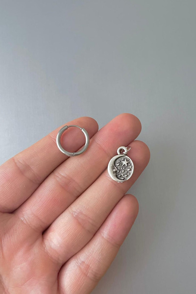 Jaida Moda Unisex Silver Moon Star Figured Steel Hoop Earrings