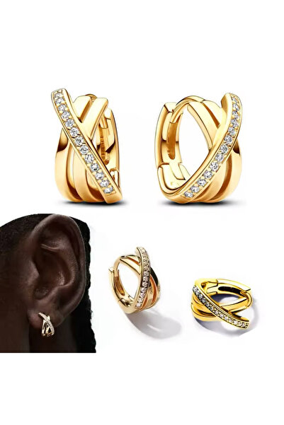 POSEİDONS JEWELLERY Gold Renk Pavé Geçişli Halka Küpeler