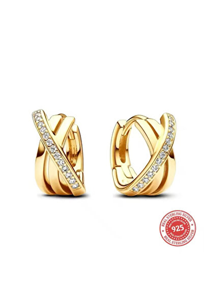 Lines Bijuteri 925 Ayar Gümüş Gold Renk Pave Geçişli Minimal Halka Küpe