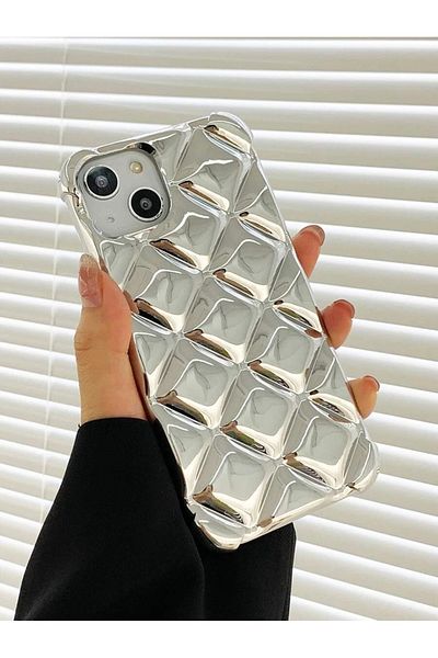 BotCase حافظة حماية فضية معدنية لامعة ومتوافقة مع هاتف آيفون 11 برو ماكس ثلاثية الأبعاد فاخرة ومزخرفة بنمط مكعب