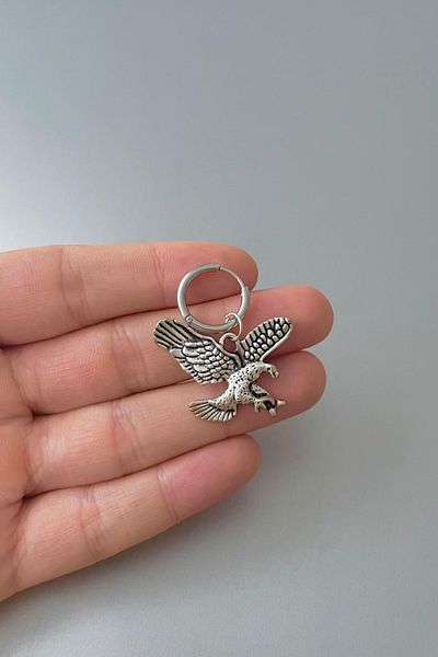 Jaida Moda Unisex Silver Eagle Figured Steel Hoop Earrings