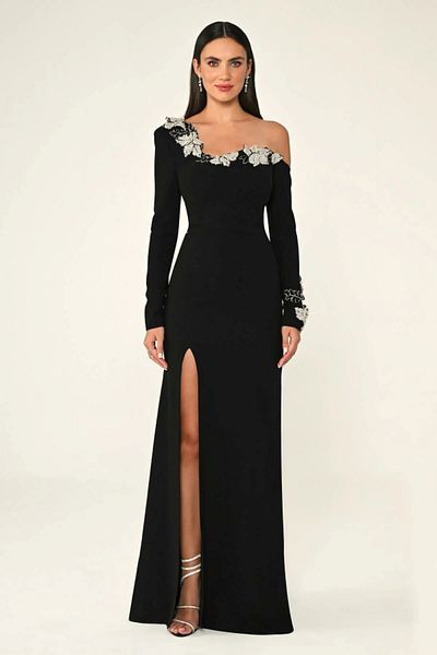 ALFABETA Elegant long evening dress with long sleeves, embroidered with stones and accessories