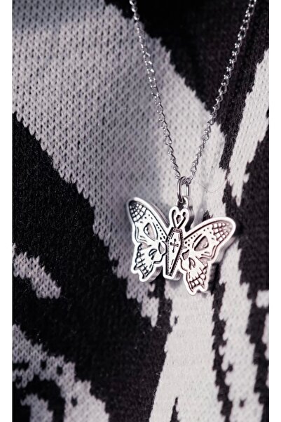 DarkellaStore Gotik Punk Tabut Kuru Kafa Kelebek Kolye