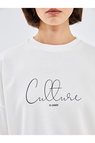 LC Waikiki Γυναικείο φούτερ LCW Vision Εκρού Oversize - Κυκλικό Λαιμό, Με Σχέδιο