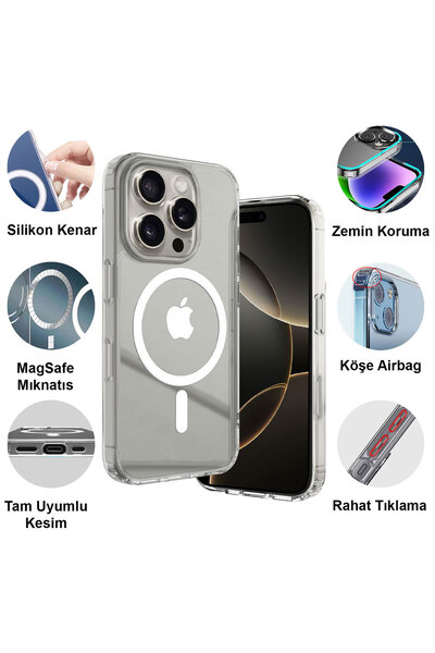 CEPSTOK Apple iPhone 16 Pro Magsafe Wireless Şarj Özellikli Şeffaf Kılıf