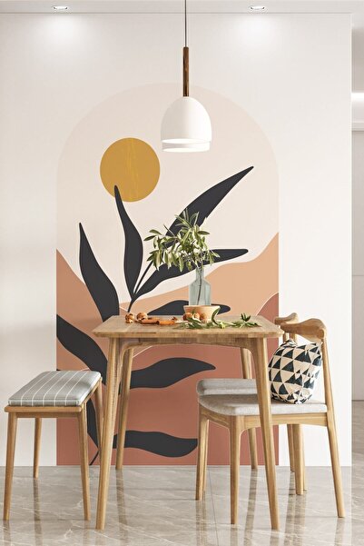 KanvasSepeti Kendiliğinden Yapışkanlı Kumaş Kanvas Dokulu Duvar Kağıdı Boho Bohem Tarz Dağ Güneş Ve Yaprak Duvar