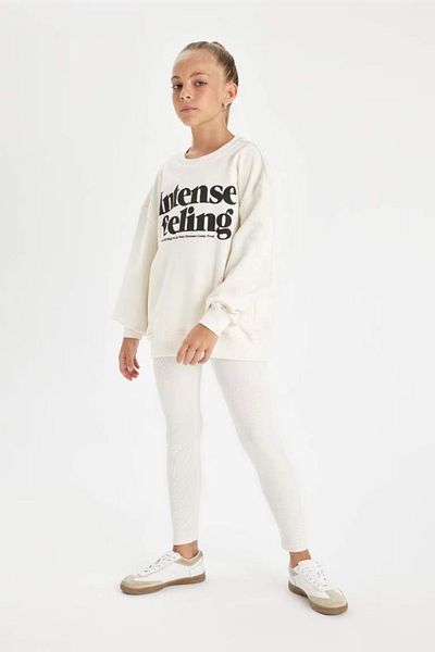 DeFacto 2-Piece Set for Girls - Crew Neck Printed Sweatshirt and Long Plain Leggings A6808A824Au