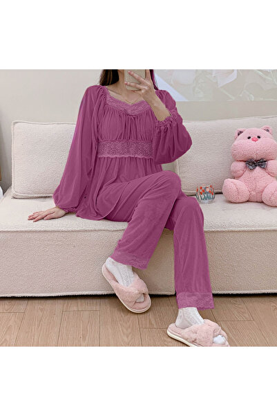 moda4b Σετ γυναικεία πιτζάμα σε σκούρο ροζ βελούδο - 90