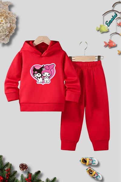 Evomind Unisex My Melody and Kuromi Printed Hooded Children's Tracksuit Set