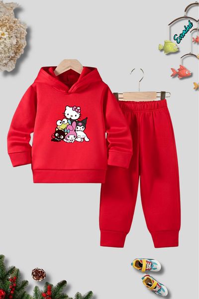 Evomind Unisex My Melody Kuromi Hello Kity Printed Hooded Children's Tracksuit Set