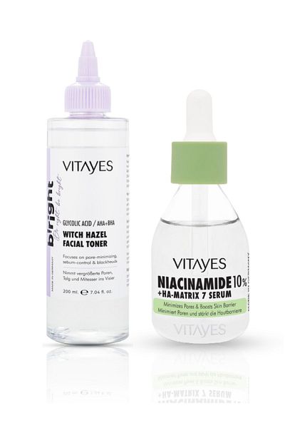 VITAYES Niacinamide Hyaluronic Acid Skin Pore Firming Serum and Anti-Acne Witch Hazel Facial Tonic