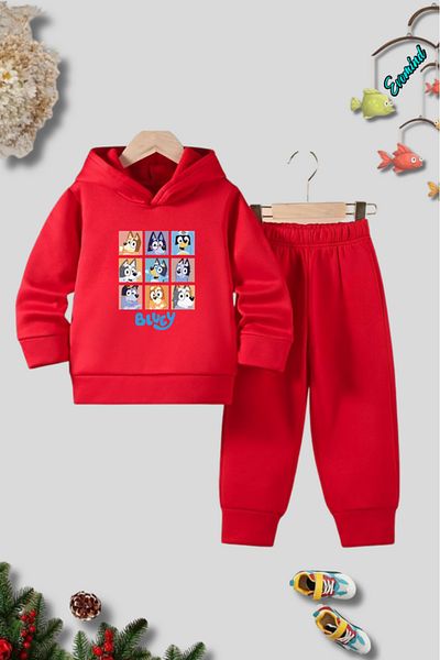 Evomind Unisex Blue Printed Hooded Children's Tracksuit Set