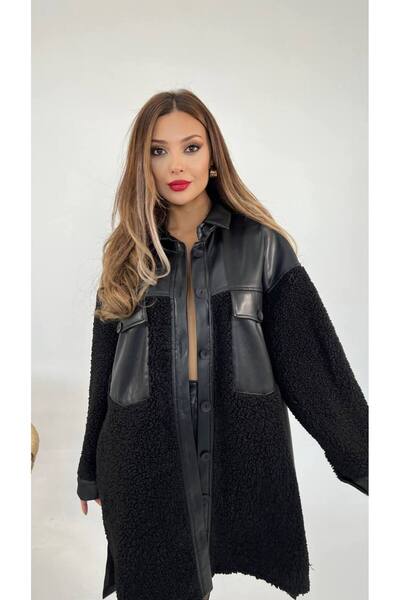 MONETA ANİTA Oversize Leather/Teddy Shirt Jacket