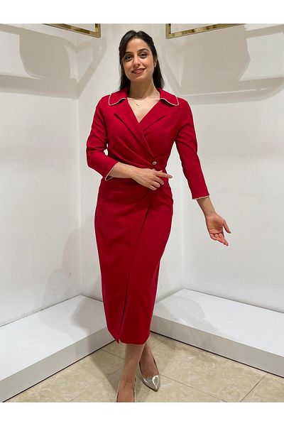 Moda İlgi Three Quarter Sleeve Midi Red Dress - 06630 Fashionable