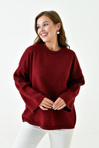 bayansepeti Off-Shoulder-Strickpullover für Damen mit spanischen Ärmeln, Rundhalsausschnitt und langen Ärmeln in Burgunderrot 4091