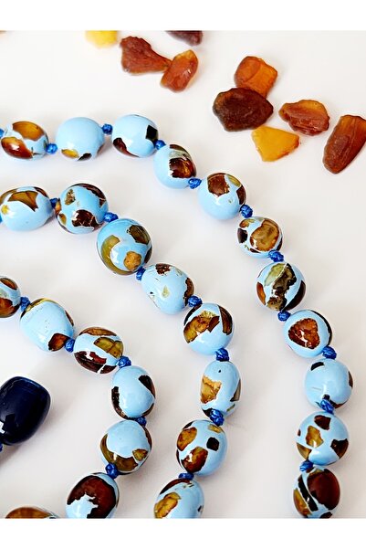 Kehribar Sarayı Mosaic Blue Amber Baby Teeth Necklace 33 cm