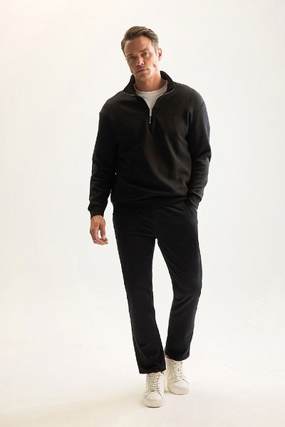 DeFacto Herren-Sweatshirt aus schwarzer Fleece-Baumwolle – normale Passform, Stehkragen, Reißverschluss, dick