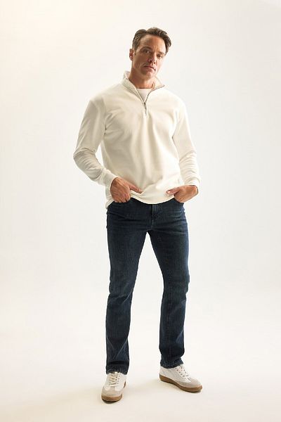 DeFacto Herren-Sweatshirt aus weißem Fleece – 3-fädig, Baumwolle, Stehkragen, Reißverschluss, dick