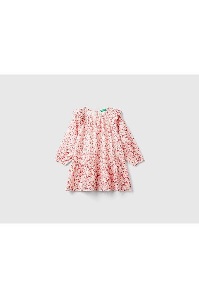 United Colors of Benetton Girl's Pink Mix All Patterned Long Sleeve Dress with Ruffle Detail on the Collar
