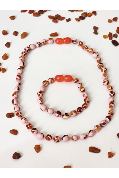 Kehribar Sarayı Mosaic Soft Pink Amber Baby Necklace Bracelet Set