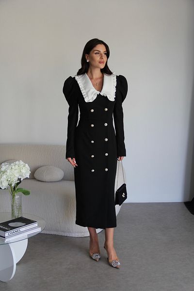 Julidress Černý nařasený dětský límec zlatý knoflík dolů dlouhé šaty