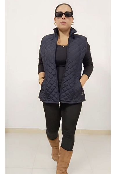 AKŞEN GİYİM Plus Size Lined Women's Quilted Vest with Side Pockets, Zipper and Snap Closure