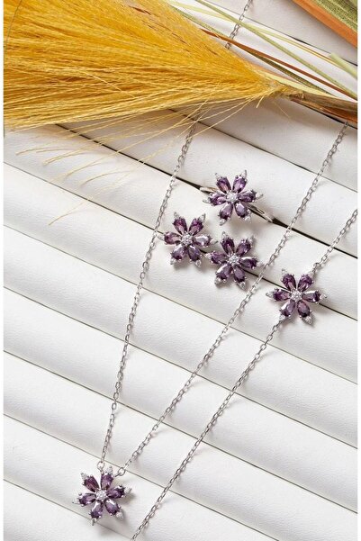 azo jewellery Lotus çiçeği taki (kolye _küpe _yüzük _bileklik)seti 925 ayar g...
