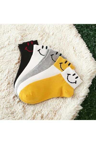 Çorabistaan 5 Çift Çok Renkli Gülen / Smile Emoji Desenli Yarım Konç Kolej Te...