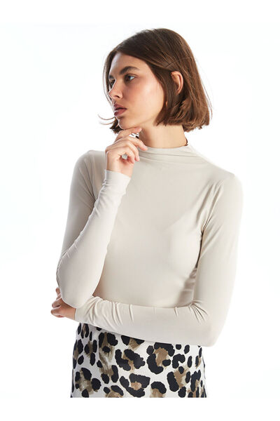 LC Waikiki Gray Stand Collar Plain Long Sleeve Women's Bodysuit