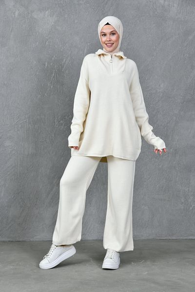 vuvutasarım Damen-Hijab-Set aus Strickwaren – cremefarbener Pullover mit Reißverschluss und Hose mit hoher Taille 7000