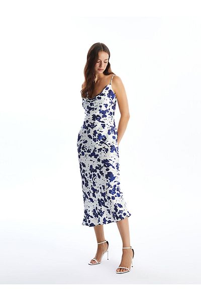 LC Waikiki Lcw Draped Neckline Patterned Suspender Satin Women's Dress Fast Fashion