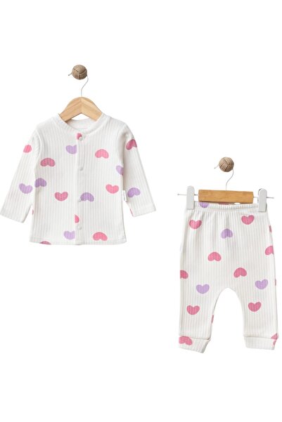 Dumledo Pink Purple Heart Patterned White 2-Piece Baby Pajama Set