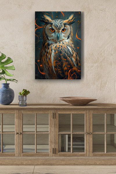 Genel Markalar Turuncu Renkler İçerisindeki Baykuş Yağlı Boya Görünümlü HD Dijital Baskı Dikey kanvas Tablo 42