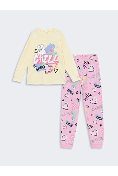 LC Waikiki Yellow Crew Neck Printed Long Sleeve Girls Pajamas Set