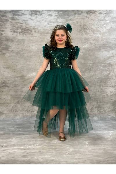 defada Green Girl's Tailed Long Back Sequin Sequin Evening Dress Birthday Dress