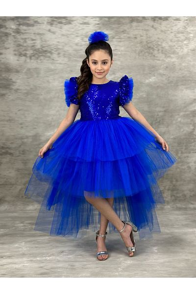 defada Saks Blue Girl's Tailed Sequin Sequin Dress Evening Dress Birthday Costume